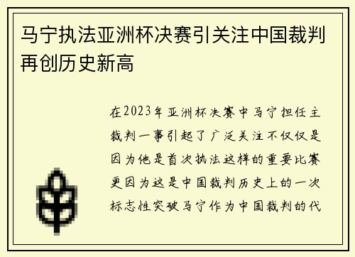马宁执法亚洲杯决赛引关注中国裁判再创历史新高