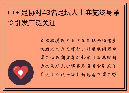 中国足协对43名足坛人士实施终身禁令引发广泛关注 中国足协对43名足坛人士实施终身禁令引发广泛关注