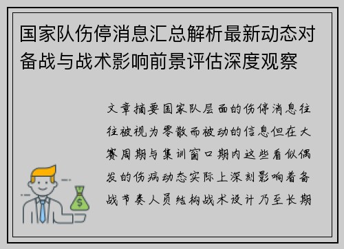 国家队伤停消息汇总解析最新动态对备战与战术影响前景评估深度观察 国家队伤停消息汇总解析最新动态对备战与战术影响前景评估深度观察